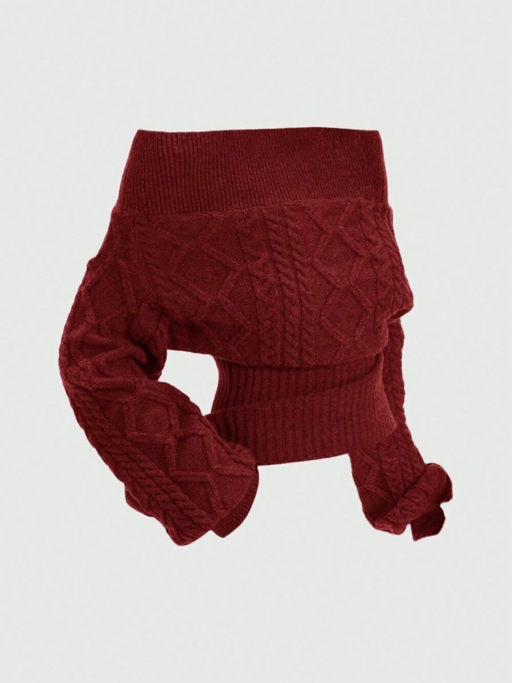 Burgundy Casual Women's Thick Knit Floral Off Shoulder Pullover Sweater